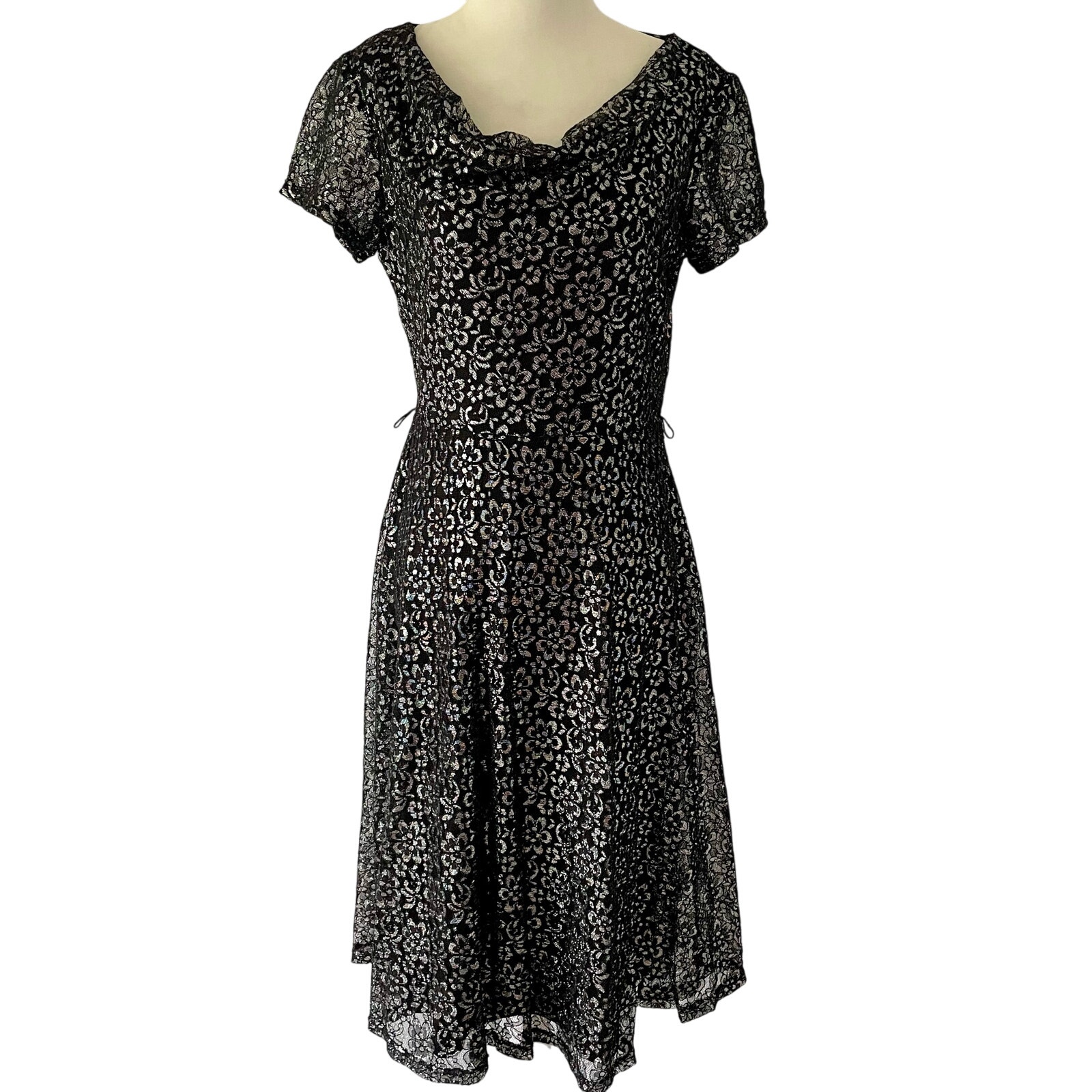 Gabby Skye Metallic Silver And Black Lace Dress Size 8